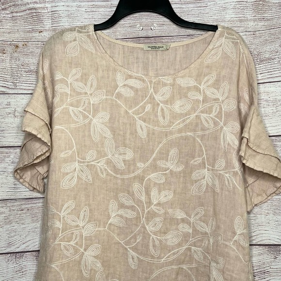 Linen Top Valentina Naldi Made in Italy Blush Embroidered Ruffle Sleeve Large - Picture 3 of 6
